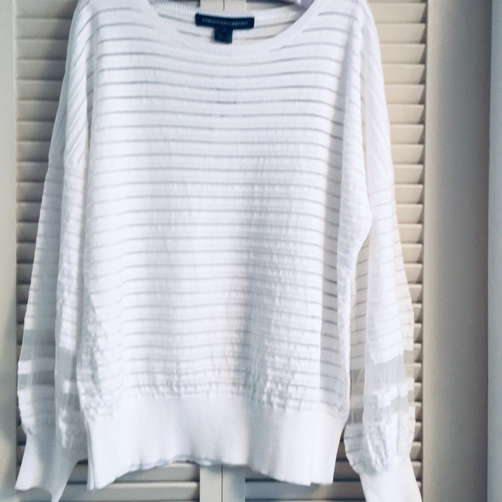 White crew neck sweater with sheer sleeves